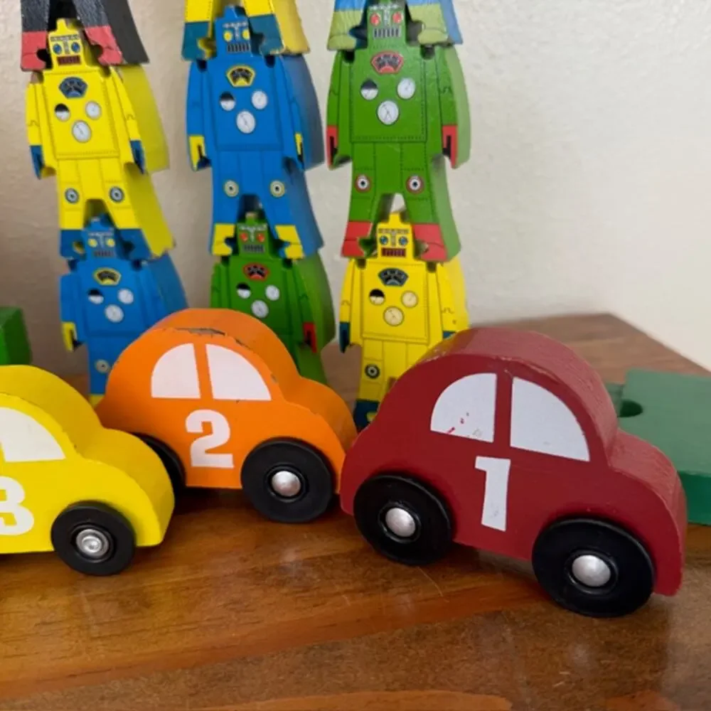Set of Wooden Building Blocks, stacking of 9 Robots and 6 Cars